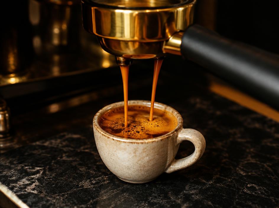 Masif pirinç portafiltreden doğal taş tezgaha süzülen espresso